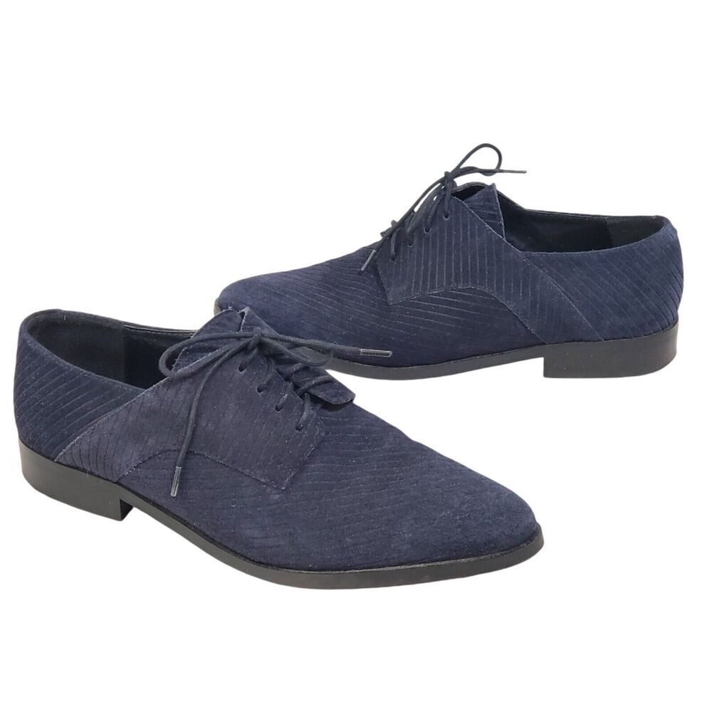 T by Bianco Tony Pointed Toe Oxford 7.5/38 Navy Blue Ribbed Vegan Suede Portugal
